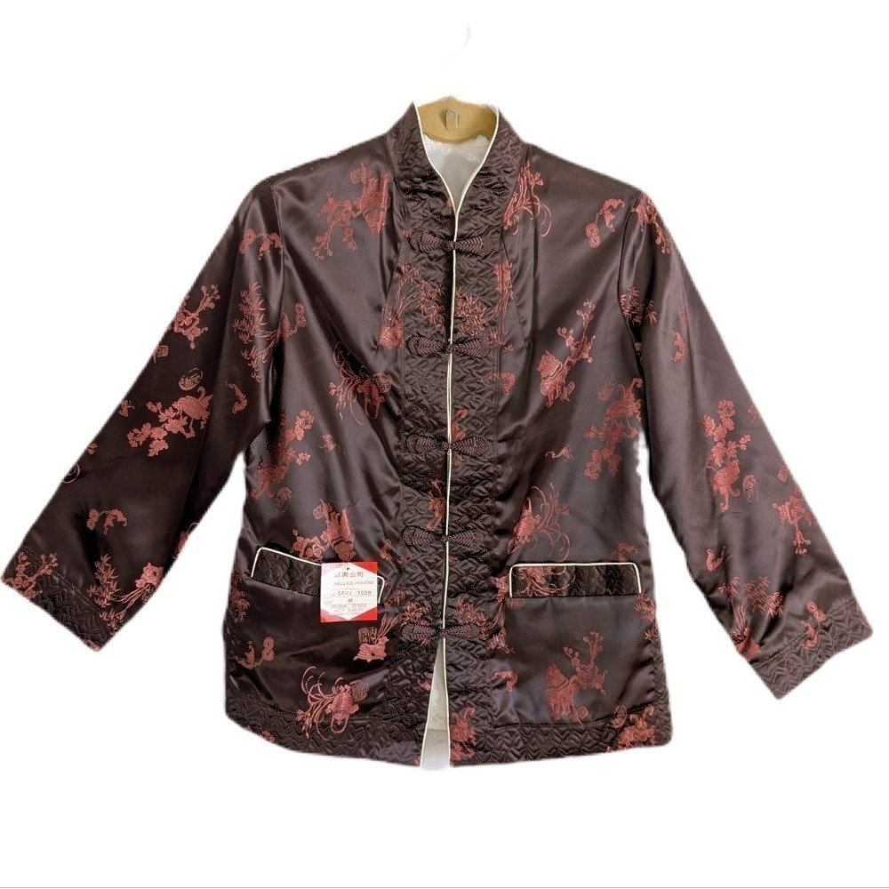 Vintage 00s Brown Boho Chic Satin Frog Button Brocade Reversible Tang Jacket